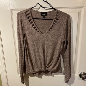 By & By Long-Sleeve Ladder Cutout V-Neck Knot Front Top